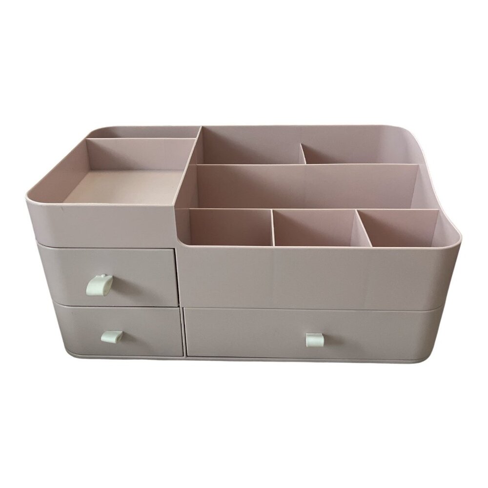 Multi-Compartment Desktop Organizer – Light Pink Plastic Storage Box with Drawer